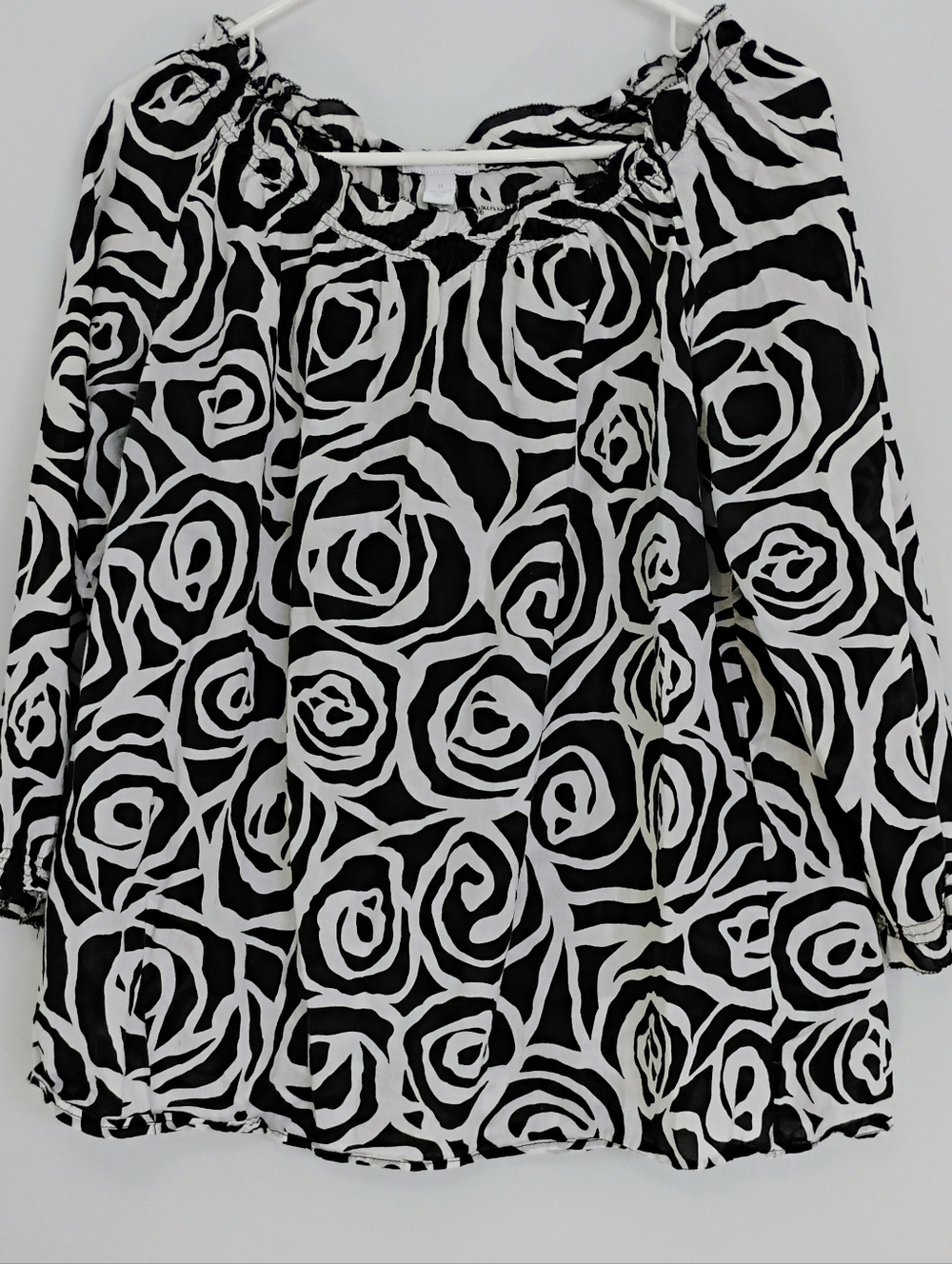Charter Club Black White Abstract Print Gathered Neckline Off Shoulder Blouse 14